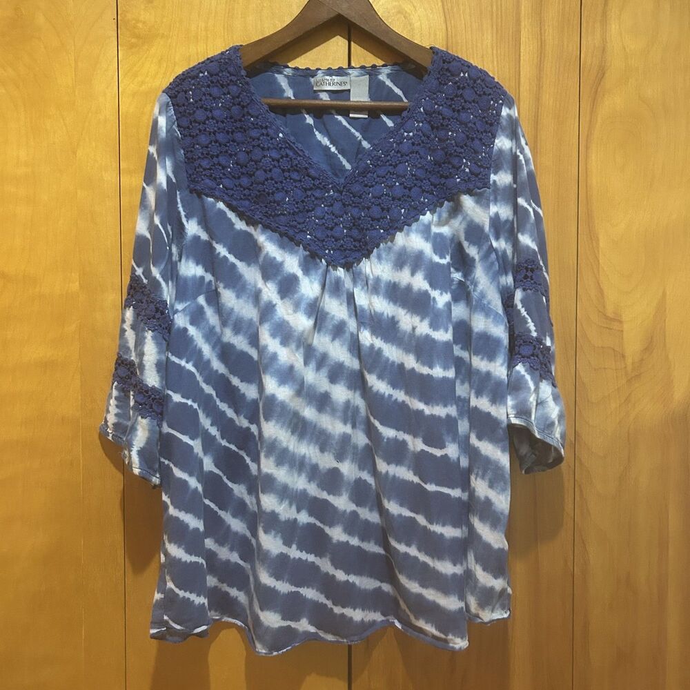 Catherines (Liz & Me Collab) Sz 2X-Blue White Tie Dye-Crochet Accent-Hippie-Boho